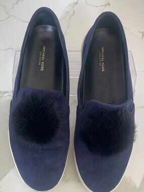 Michael Kors Collection  "Eddy" Navy Suede w Mink Fur Pompom slip-ons Size 7/37.